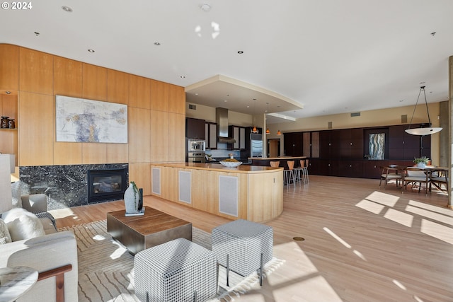 living room featuring a fireplace, light wood-type flooring, and wood walls