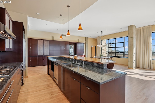 kitchen with a large island, dark brown cabinetry, sink, and hanging light fixtures