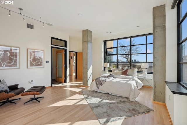 bedroom featuring light hardwood / wood-style floors and track lighting