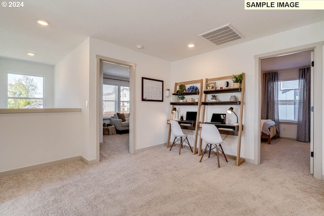 carpeted home office featuring recessed lighting, visible vents, and baseboards