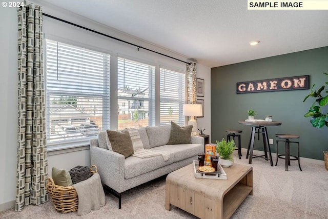 carpeted living area with baseboards