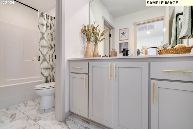 full bathroom featuring marble finish floor, visible vents, vanity, and toilet