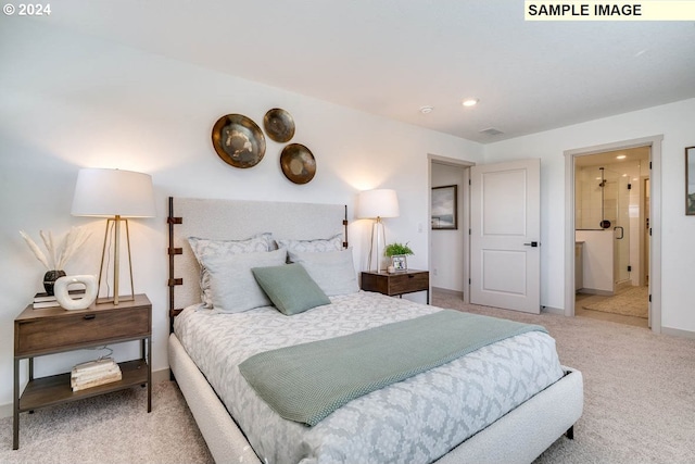 bedroom featuring recessed lighting, carpet flooring, visible vents, and baseboards