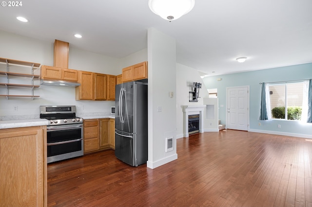 kitchen with appliances with stainless steel finishes and dark hardwood / wood-style floors