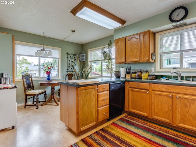 kitchen with a wealth of natural light, dishwasher, sink, and an inviting chandelier