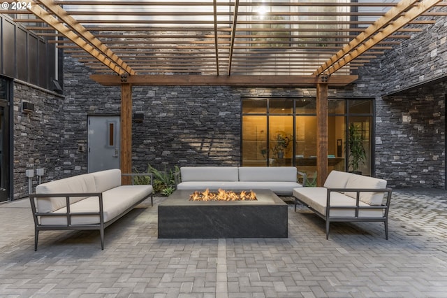 exterior space with a pergola and an outdoor living space with a fire pit