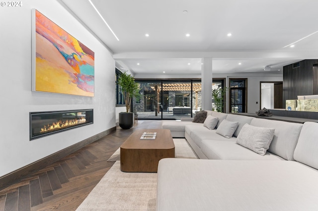 living room with parquet floors