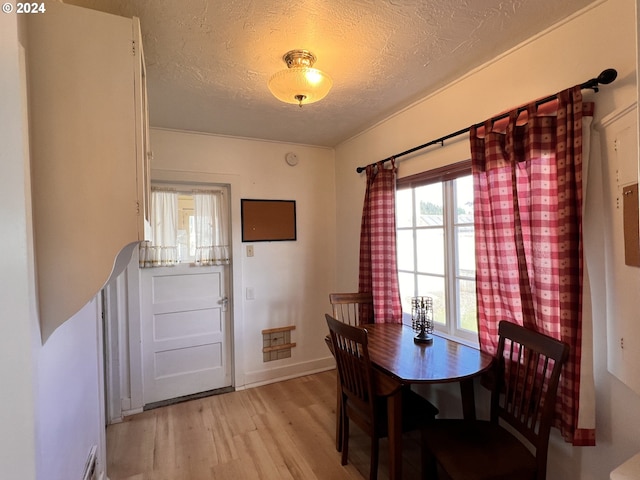 dining room with light hardwood / wood-style flooring and a textured ceiling