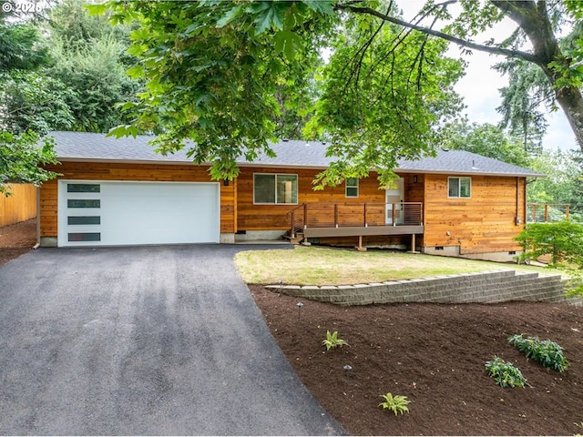 818 Ash St, Lake Oswego, OR 97034 - view of front facade featuring crawl space, driveway, an attached garage, and a wooden deck
