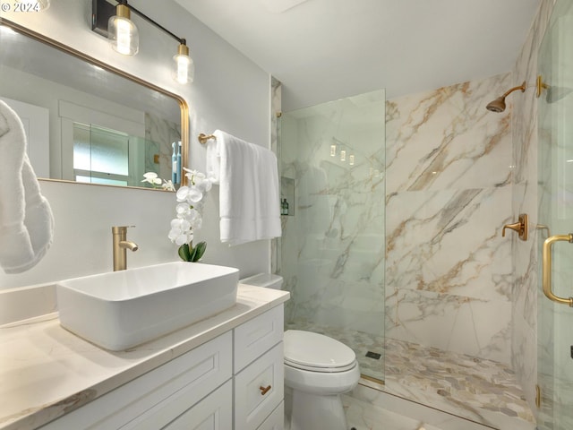 bathroom featuring walk in shower, vanity, and toilet