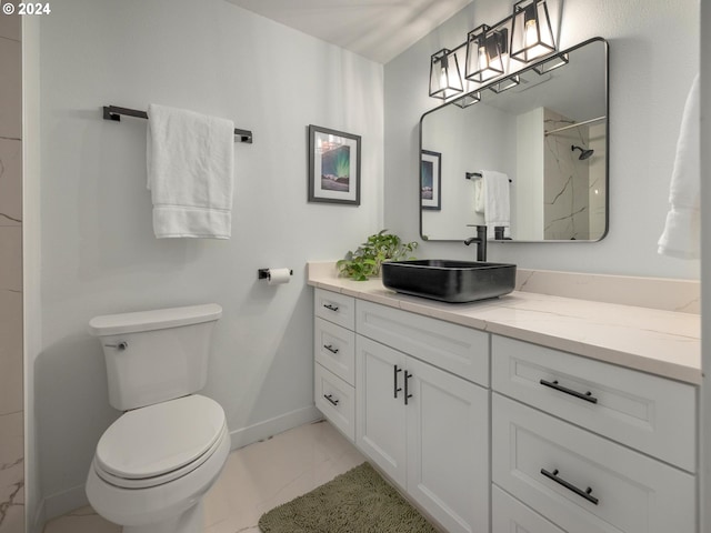 bathroom featuring a shower, vanity, and toilet