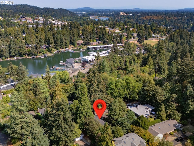 818 Ash St, Lake Oswego, OR 97034 - aerial view of property and surrounding area featuring a heavily wooded area and a nearby body of water