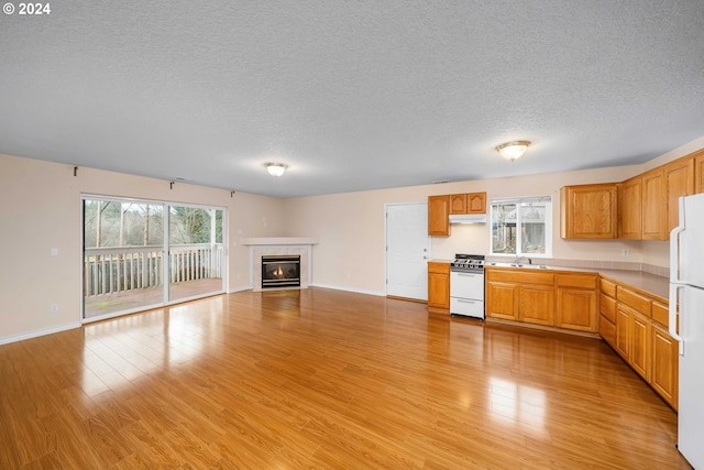 kitchen featuring sink, a textured ceiling, white appliances, and light hardwood / wood-style flooring