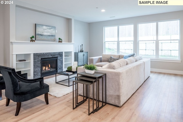 living room with light hardwood / wood-style flooring, plenty of natural light, and a stone fireplace