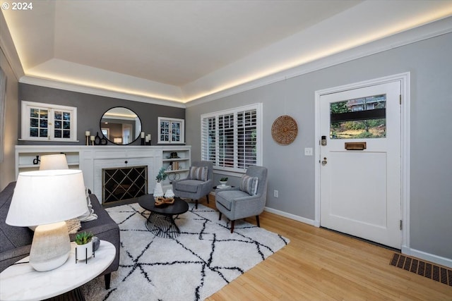 living room with a tray ceiling and hardwood / wood-style floors