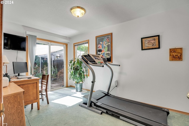 workout area featuring light carpet and a textured ceiling