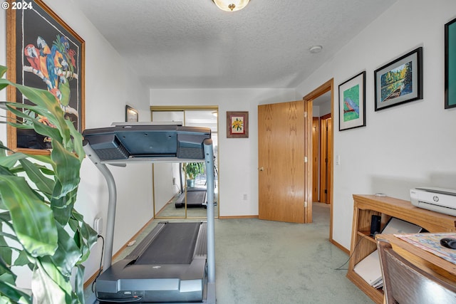 workout room featuring a textured ceiling and light colored carpet