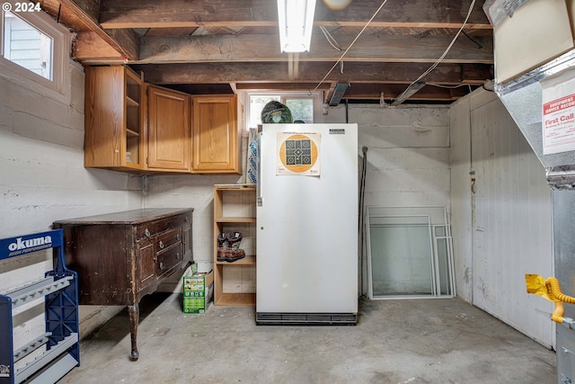 basement with white fridge