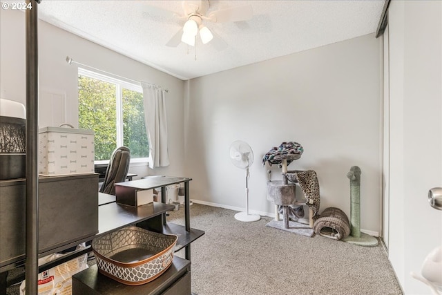 carpeted office with a textured ceiling and ceiling fan