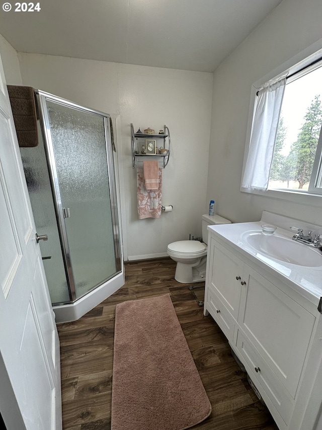 bathroom with hardwood / wood-style flooring, vanity, toilet, and walk in shower