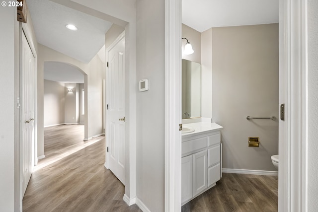 bathroom with hardwood / wood-style floors, vanity, and toilet