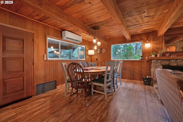 dining room featuring wooden ceiling, beamed ceiling, an AC wall unit, wood walls, and hardwood / wood-style floors