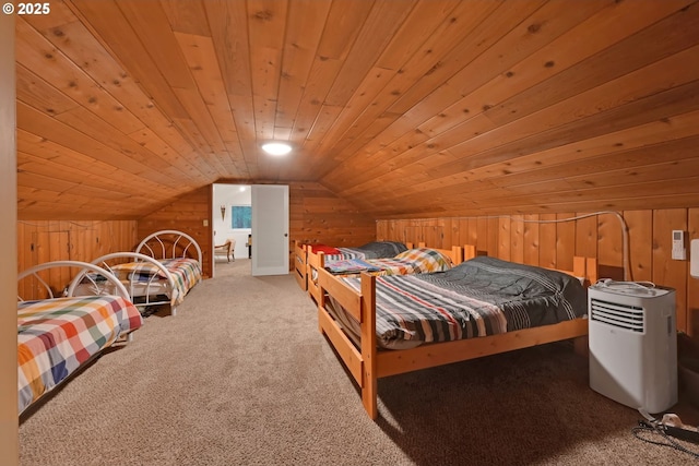 carpeted bedroom with lofted ceiling and wood ceiling