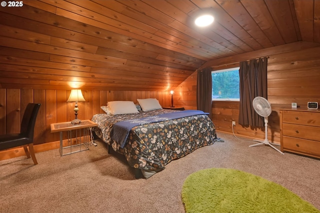 bedroom featuring carpet flooring, wood ceiling, wooden walls, and vaulted ceiling