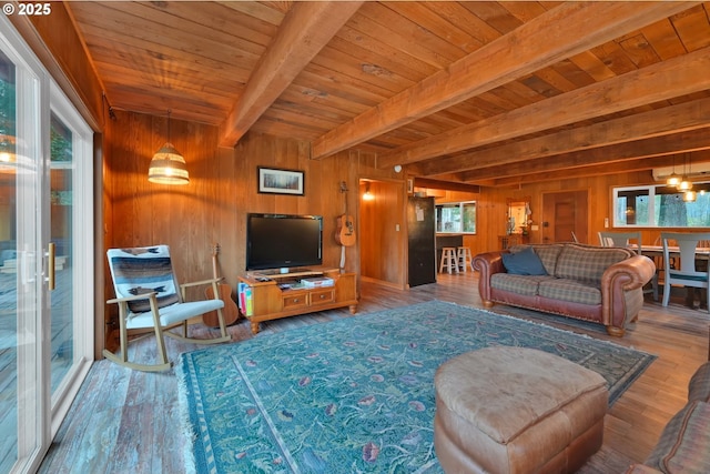 living room featuring wooden walls, beamed ceiling, and a healthy amount of sunlight