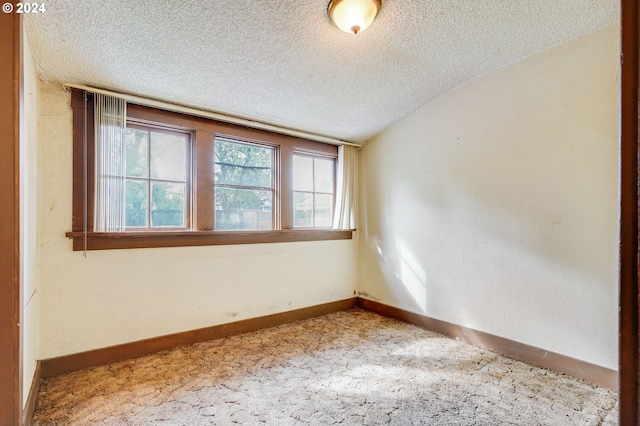 carpeted spare room with a textured ceiling and vaulted ceiling