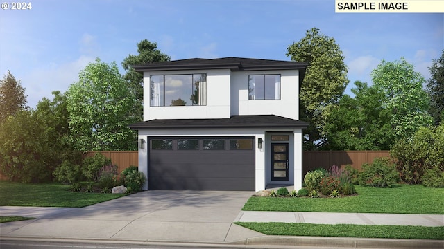 contemporary home featuring a front yard and a garage