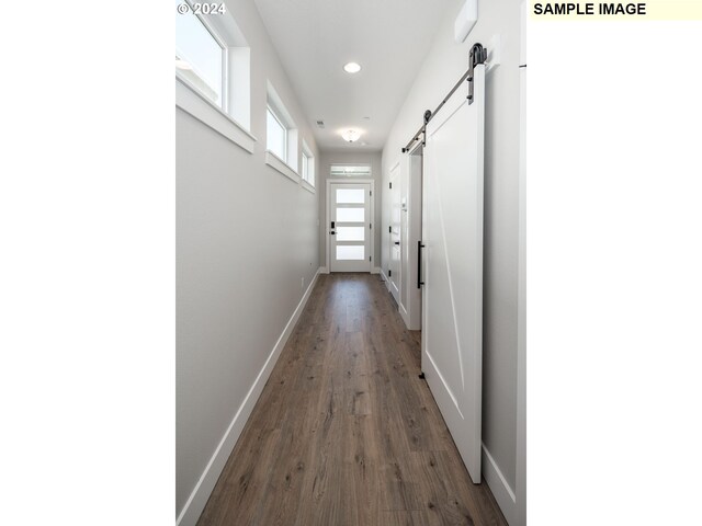 hall featuring a barn door and dark hardwood / wood-style flooring