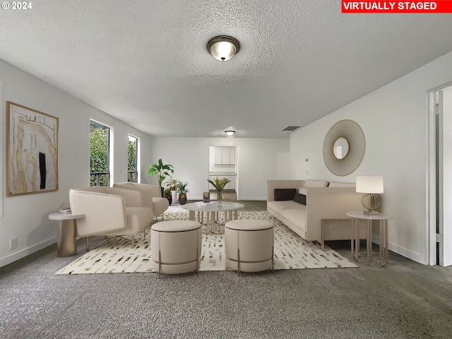 living room featuring carpet floors and a textured ceiling