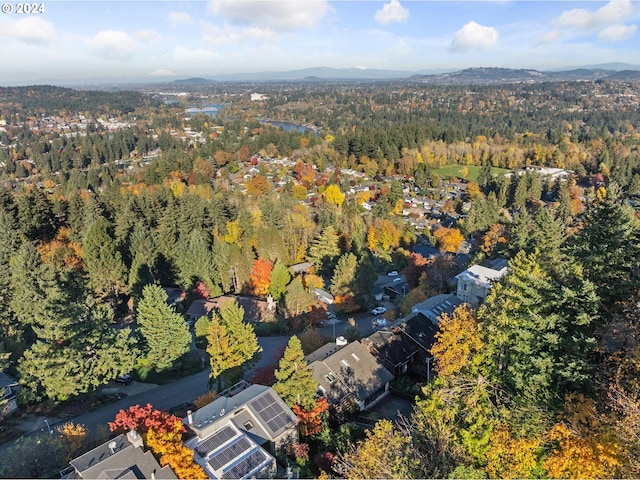 birds eye view of property with a mountain view and a forest view