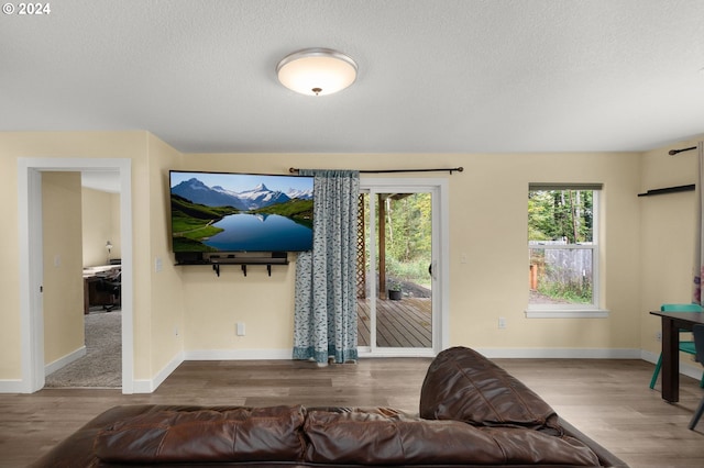 living area with wood finished floors, baseboards, and a textured ceiling