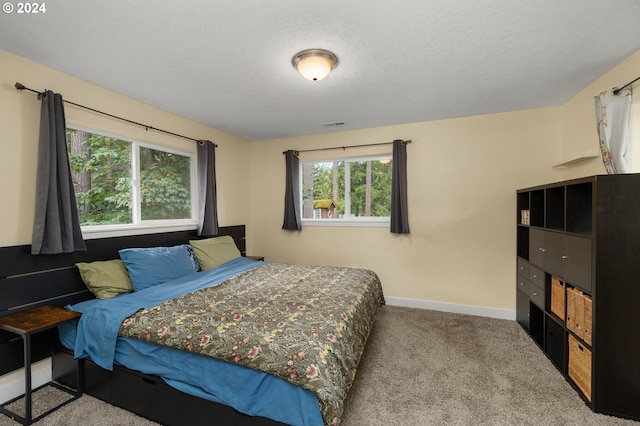 carpeted bedroom with baseboards and a textured ceiling