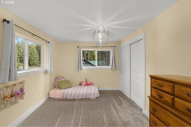 bedroom featuring multiple windows, carpet, a closet, and baseboards