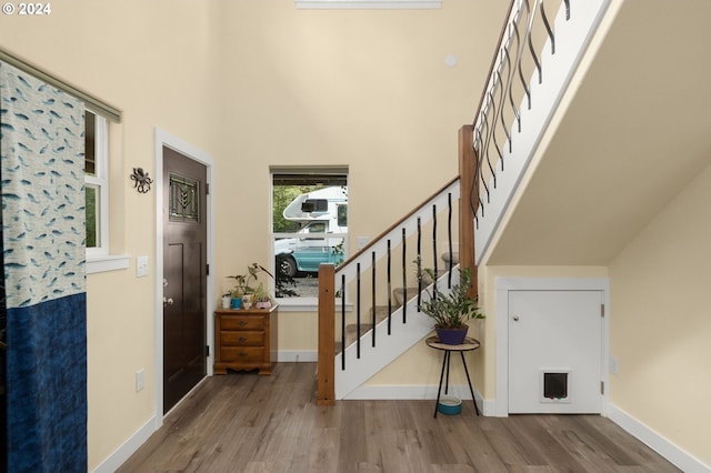 entrance foyer with wood-type flooring and a high ceiling