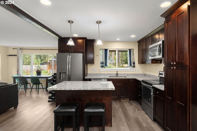 kitchen with a wealth of natural light, light wood-type flooring, decorative light fixtures, and appliances with stainless steel finishes