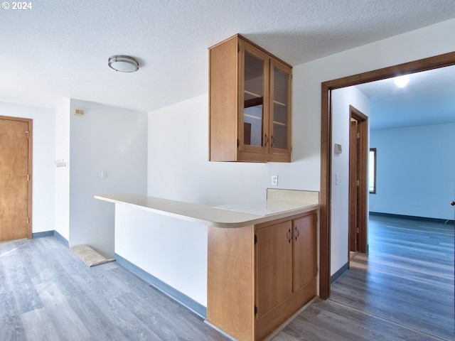13235 NW Pumpkin Ridge Rd, North Plains, OR 97133 - kitchen with wood finished floors, glass insert cabinets, light countertops, a textured ceiling, and a peninsula