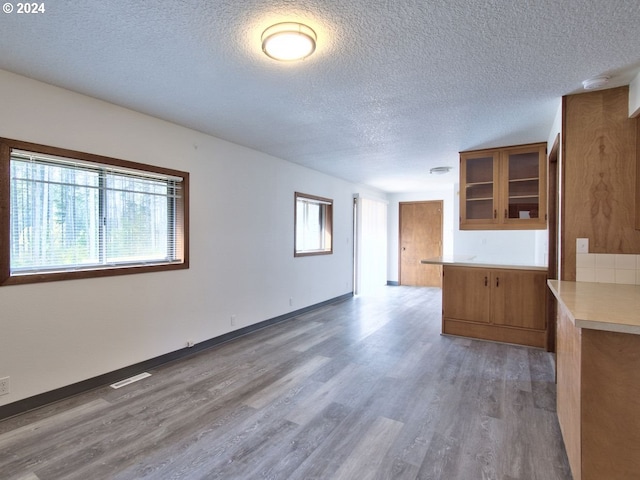 kitchen featuring kitchen peninsula, wood-type flooring, a healthy amount of sunlight, and a textured ceiling