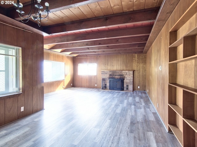 13235 NW Pumpkin Ridge Rd, North Plains, OR 97133 - unfurnished living room with wooden walls, beamed ceiling, wood finished floors, a chandelier, and wood ceiling