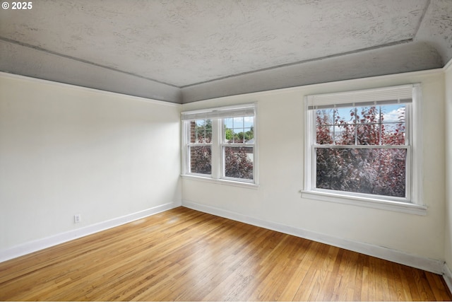 empty room featuring hardwood / wood-style flooring, vaulted ceiling, and a tray ceiling