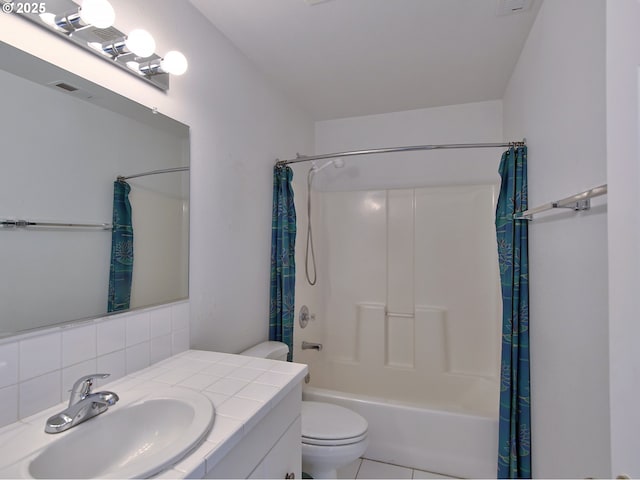 full bathroom with backsplash, tile patterned flooring, vanity, toilet, and shower / bathtub combination with curtain