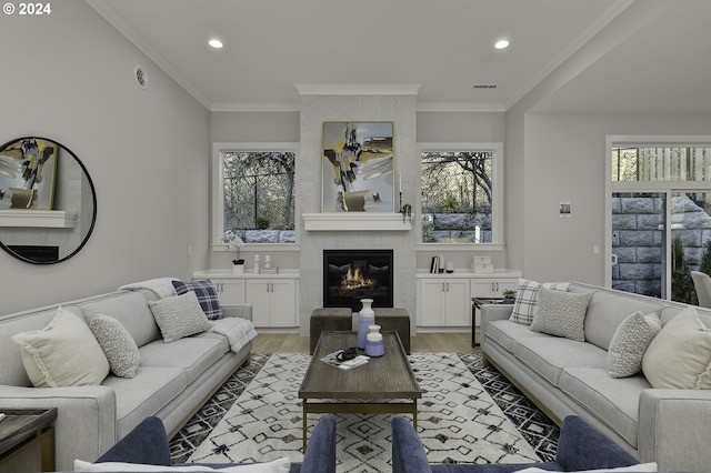 living room with light hardwood / wood-style floors, a healthy amount of sunlight, and crown molding