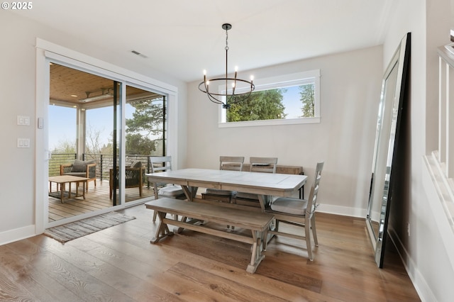 dining room featuring hardwood / wood-style floors and a chandelier