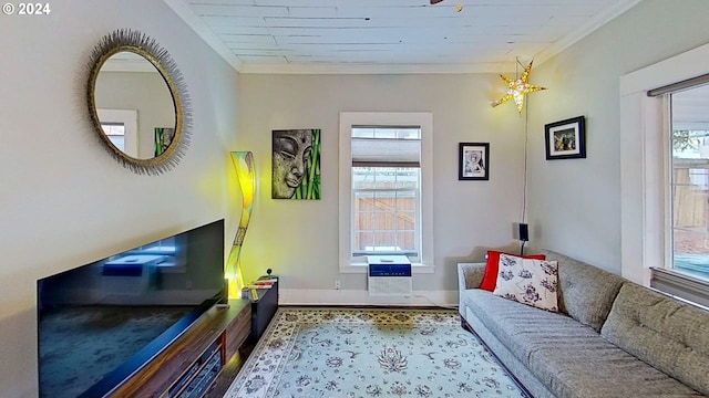 living room with plenty of natural light and ornamental molding