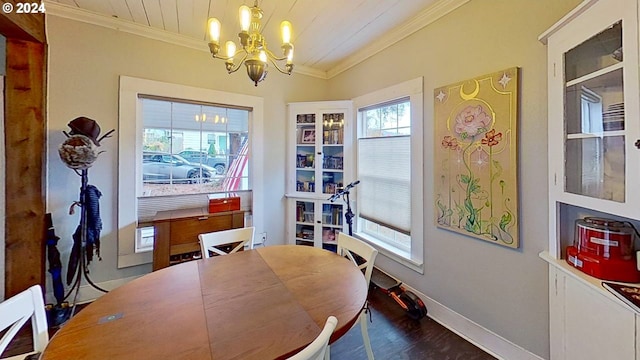 dining room with crown molding, a healthy amount of sunlight, dark hardwood / wood-style floors, and an inviting chandelier