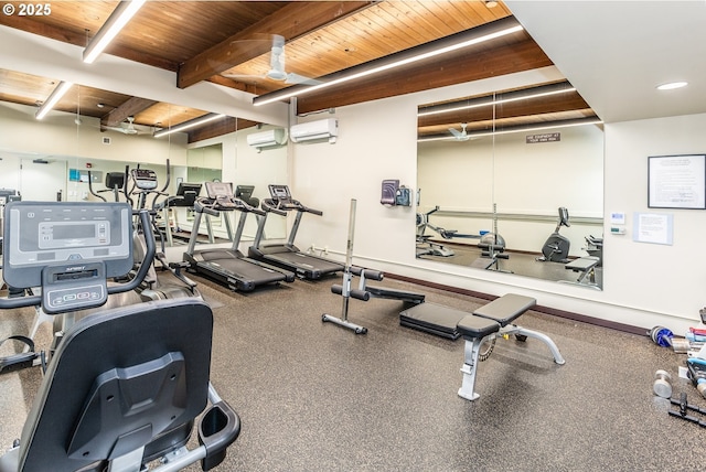 gym featuring a wall unit AC and wooden ceiling