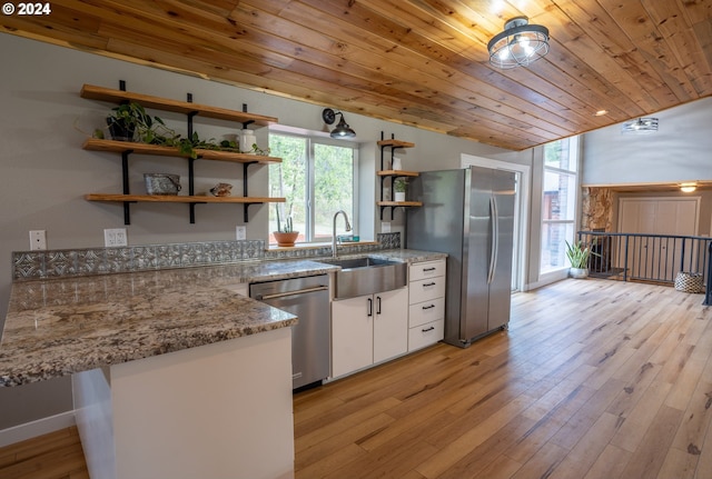 kitchen with sink, stainless steel appliances, wooden ceiling, white cabinets, and light hardwood / wood-style flooring